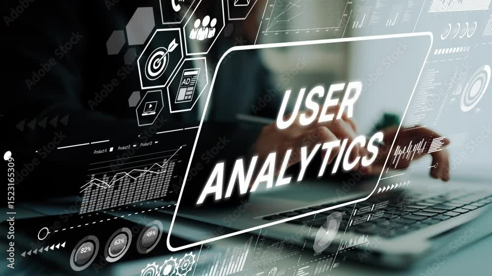 Poster user analytics interface displayed on a modern laptop with interactive graphs and data visualization