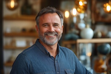 Obraz premium Portrait of a Smiling Midlife Bearded Man in a Cozy Home Decor Store - Embracing Warm Tones and Genuine Connectivity