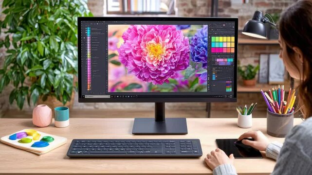 A modern workspace featuring a computer, vibrant flower artwork, and creative tools for digital design.