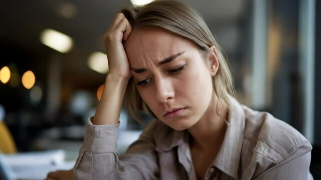 Young woman indoors, experiencing sadness and stress, shown in repeated close-ups, conveying feelings of despair and emotional distress
