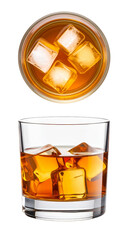 Glass of whiskey with ice cubes on white background