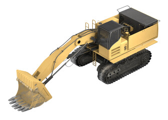 3d rendering of a yellow wheeled excavator with detailed cabin and hydraulic arm. Industrial construction vehicle isolated on white background. Heavy machinery model.