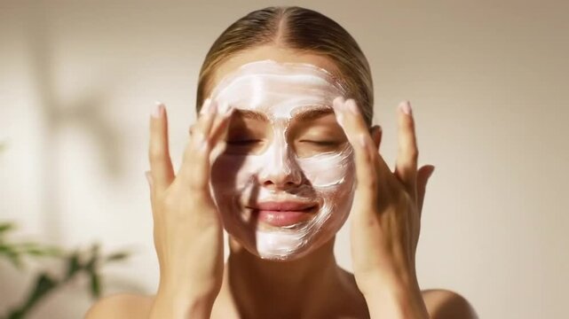 Woman applies creamy facial mask, demonstrating skincare routine step-by-step, showcasing self-care and beauty