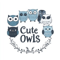 Fototapeta premium Cute owls arranged in a circle, framed by a floral wreath. The owls are stylized, light blue and dark gray, with large eyes. Text 