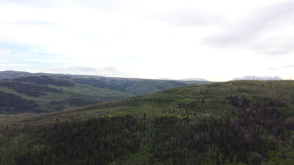 Aerial photographs of Guardsman Pass in the Wasatch Mountains of Utah, showcasing winding alpine roads, dense green forests, and high-elevation terrain under clear summer skies. Captured with a drone,