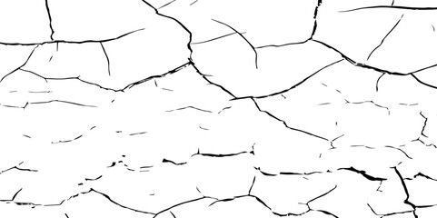 A stark, high-contrast, black and white texture image depicting a pattern of cracks, resembling distressed paint,shattered glass,or parched earth.The background is pure white,and the cracks are sharp.