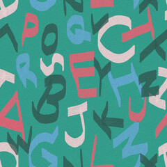 Brush stroke line drawing seamless pattern illustration of A-Z letter and on a green grain background.