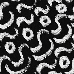 Brush stroke white line drawing seamless pattern illustration on a black grain background.