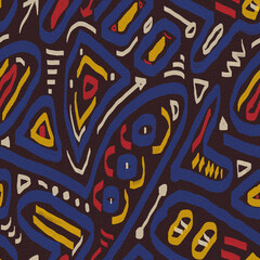 Geometric brush stroke colorful abstract line drawing seamless pattern illustration on a dark brown red grain background.