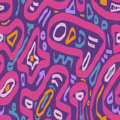 Geometric brush stroke colorful abstract line drawing seamless pattern illustration on a purple rough background.