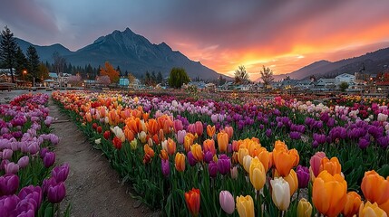   A vibrant field of tulips in foreground, surrounded by majestic mountains, bathed in golden sunset light beyond
