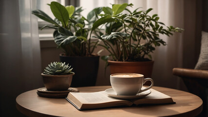 Cozy Morning Coffee, Book, and Plants by the Window