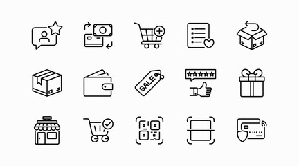 E-commerce and shopping line icon set. Online store, shopping cart, checkout, wallet, credit card, payment method, discount tag, gift box, product review, delivery, package, vector icon collection.