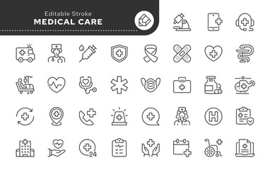 Medical hearth line icon set. Medicine, healthcare, ambulance, health, care, doctor, hospital, patient, treatment, blood transfution and more. Outline icon in linear style. Vector collection.