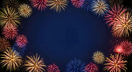 Fototapeta premium Colorful fireworks bursting in night sky against dark backdrop 