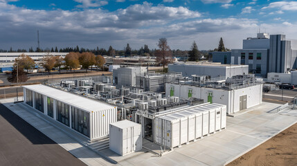 An expansive data center exterior, showcasing the complex architecture and cutting-edge technology, symbolizing innovation and connectivity in the digital age.