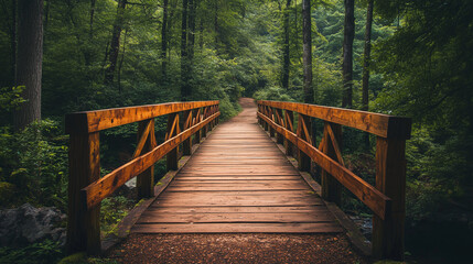 Obraz premium Wooden Bridge over Forest Path, Green Nature Walkway, Outdoor Landscape with Trees, Perspective Footpath through Woods, Scenic Natural Pathway.
