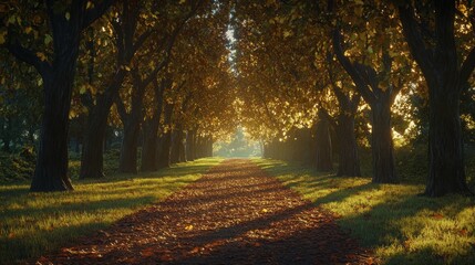 Fototapeta premium Autumnal path through a tree-lined avenue