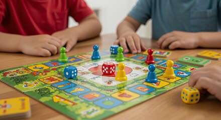 Fototapeta premium Fun family board game night with colorful dice and pawns