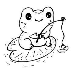 Cute frog with fishing rod outline cartoon coloring page. Fun black and white outline perfect for kids’ coloring pages, summer books, and nature-themed designs