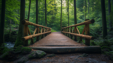 Wooden Bridge in Green Forest, Front View Pathway Leading into Nature, Scenic Walkway with Symbolic Meaning of Journey and New Beginnings.