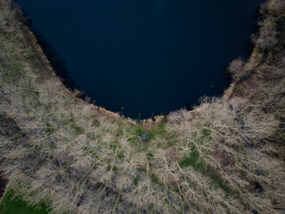 Aerial view of a serene pond surrounded by bare trees in early spring