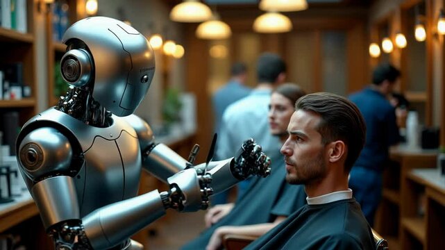 Cutting-edge AI robot barber provides a precise beard trim for a man in a stylish salon setting