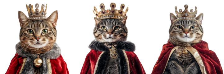 Set of A black cat adorned with a royal cape made of velvet and a miniature crown decorated with fake jewels on pure on transparent png background. Ai generated