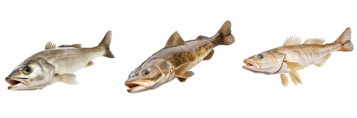 Set of A detailed image of a fish with the word "fish" painted or marked on its side on pure on transparent png background. Ai generated