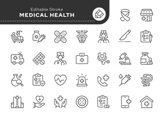 Medical hearth line icon set. Medicine, healthcare, ambulance, health, care, doctor, hospital, patient, treatment, blood transfution and more. Outline icon in linear style. Vector collection.