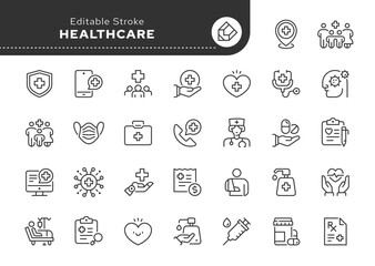Healthcare line icon set. Medicine, medical service, health, care, doctor, hospital, patient, treatment, sick, illness and more. Outline icon in linear style. Vector collection.	