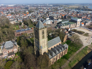 Aerial view of a historic church tower St. Maartenskerk in Tiel, Netherlands