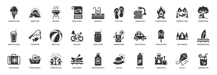 summer-themed icons recreational activities gear treats nature-related elements for outdoor enjoyment