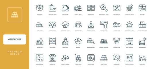 warehouse operations logistics collection line icons activities equipment