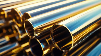 Naklejka premium Shiny metal tubes reflecting sunlight stacked elegantly in warehouse/store