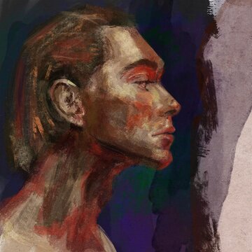 Vibrant digital painting of a male side profile rendered in expressive, warm brushstrokes. The deep red and earthy tones convey a sense of introspection and strength,  textured background