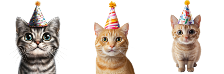 Set of Birthday portrait of a content cat with a small birthday cake prop, smiling, white background on pure on transparent png background. Ai generated