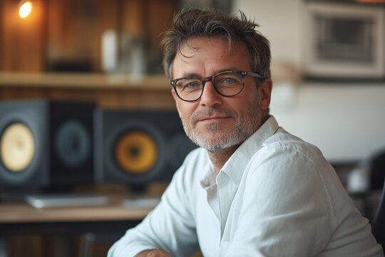 Middle-Aged Creative Man in Glasses Smiling Confidently in Modern Music Workspace Studio