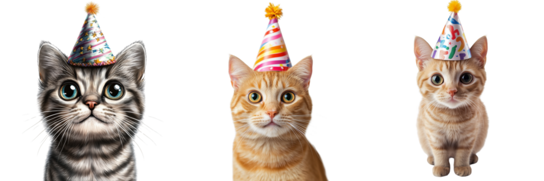 Set of Birthday portrait of a content cat with a small birthday cake prop, smiling, white background on pure on transparent png background. Ai generated - Powered by Adobe
