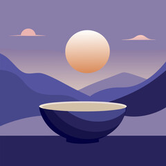 Digital Vector Artwork of a Meditative Scene with White-Rimmed Bowl, Soft Sun and Lavender-Toned Mountains Under Quiet Sky