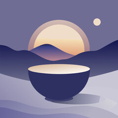 Minimalist Zen-Inspired Illustration with Simple Ceramic Bowl, Smooth Lavender Mountains and Beige Background Under Pale Muted Sky