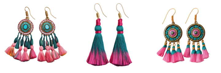 Set of Clean isolated stock image of stylish peacock feather-inspired long boho earrings, perfect for festive or special occasions on pure on transparent png background. Ai generated