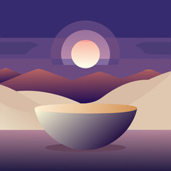 Calm and Balanced Composition Showing a Still Life with Ceramic Bowl Against Desert Landscape and Serene Purple Horizon