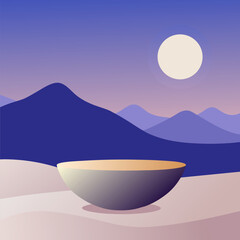 Tranquil Desert View with Midnight Blue Bowl, Pale Purple Sky and Gentle Gold Sun for Mindfulness and Interior Harmony Design Projects