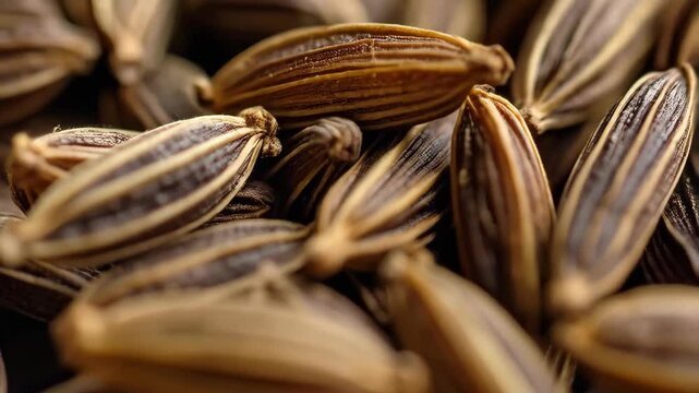 Close-up detail shot of dry brownish cumin seeds, spices in a pile, ingredient for flavoring food dishes, culinary background