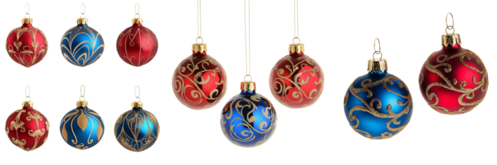 Set of Close-up shot of a collection of vibrant red and blue Christmas balls with reflective surfaces and ornate festive designs on pure on transparent png background. Ai generated
