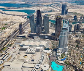 The aerial , panoramic view of Dubai from the Burj Khalifa building.