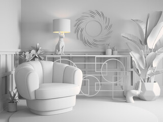 Luxury Interior. Modern art deco plain living room interior 3D illustration