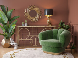 Luxury Interior. Modern art deco living room interior 3D illustration