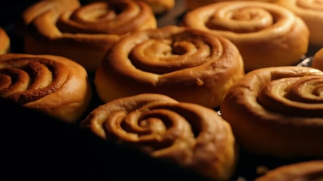 Golden brown cinnamon rolls with spiral pattern arranged on baking tray showing progressive browning stages during baking process in warm kitchen lighting with copy space